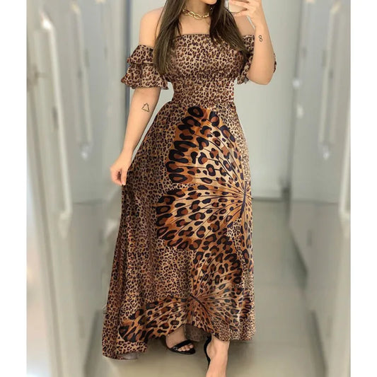 Boho Leopard Dress Women Off Shoulder Ruffle Sleeve